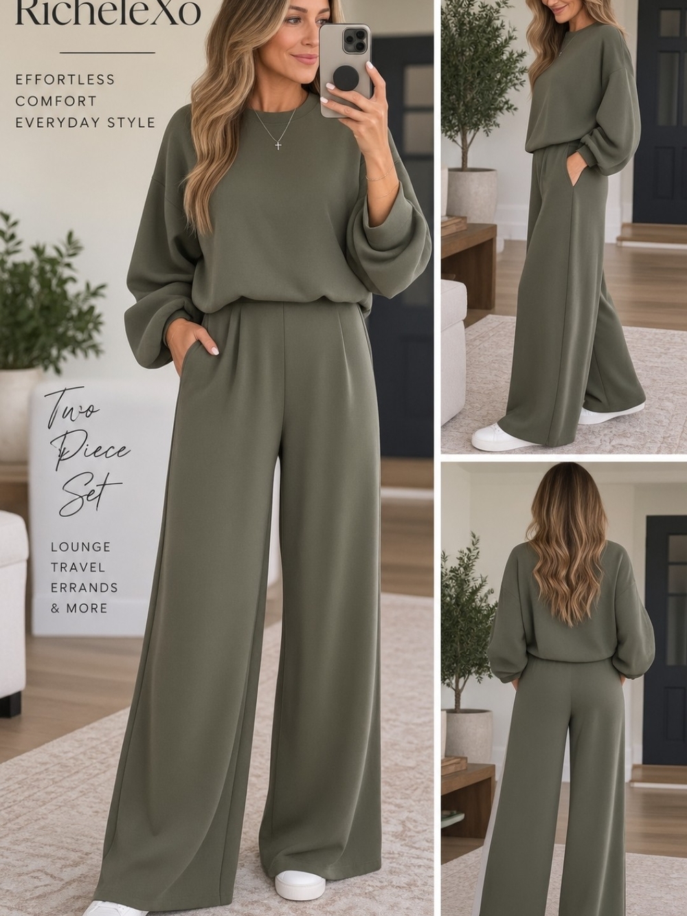 Relaxed Wide-Leg Two-Piece Set in Olive